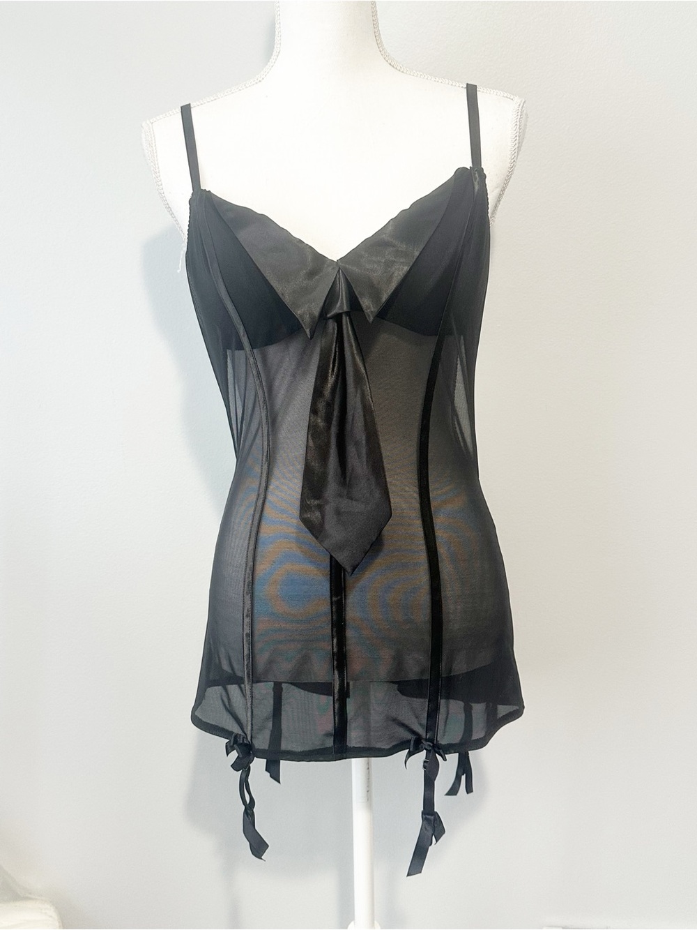 Frederick's of Hollywood Sheer Black Mesh Chemise Satin Front Tie vintage small